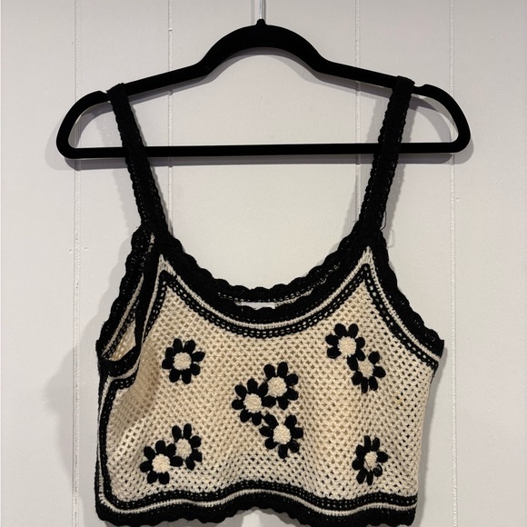 Le Lis Tops - Le Lis Black and Cream Floral Crochet Crop Top